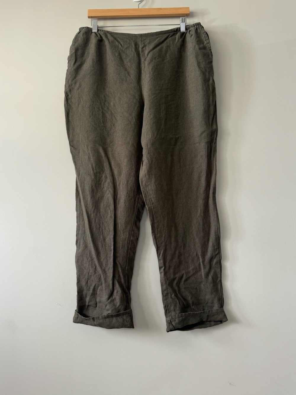 Flax Wide-Leg Tapered Barrel Linen Pants in Dark Olive green Large